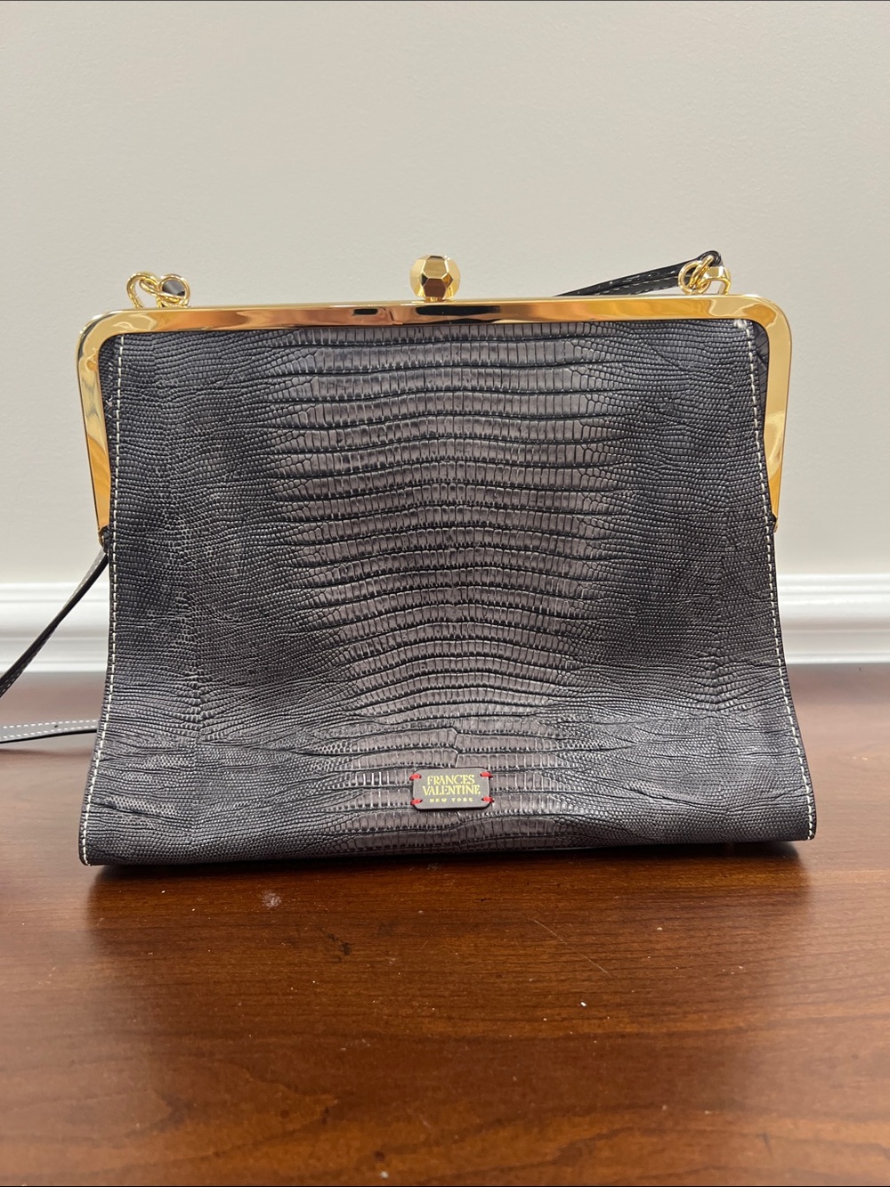 Frances Valentine Jackie embossed lizard grey leather frame handbag